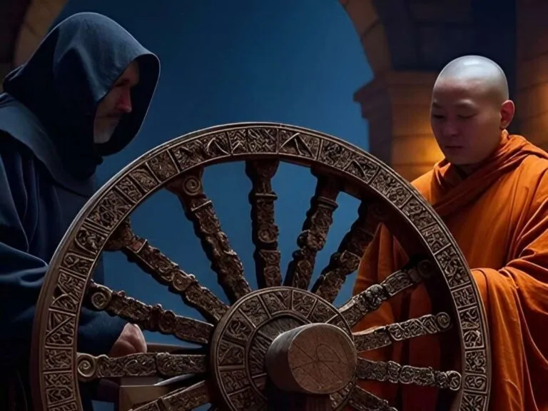 Boethius and a Buddha Monk compare the Samsara Wheel with The Wheel of Fortune