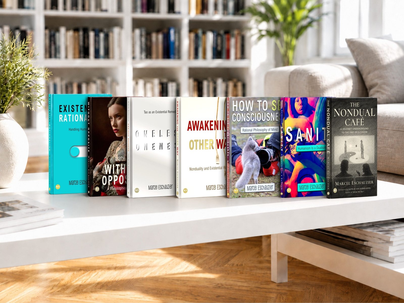 Seven books from Marcel Eschauzier’s Simply Nondual Collection displayed on a modern coffee table, including The Nondual Café.