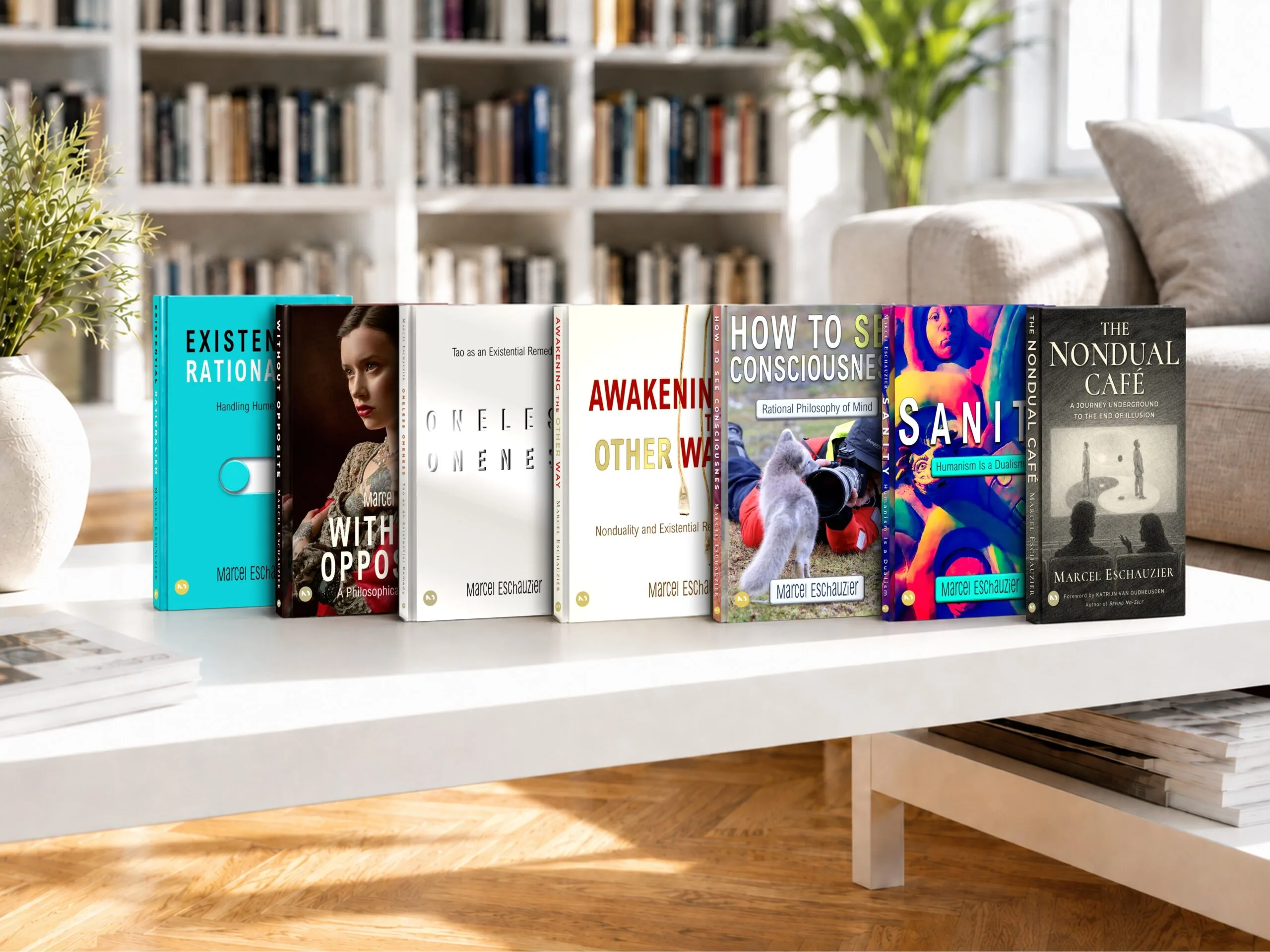 Home 1 Seven books from Marcel Eschauzier’s Simply Nondual Collection displayed on a modern coffee table, including The Nondual Café.