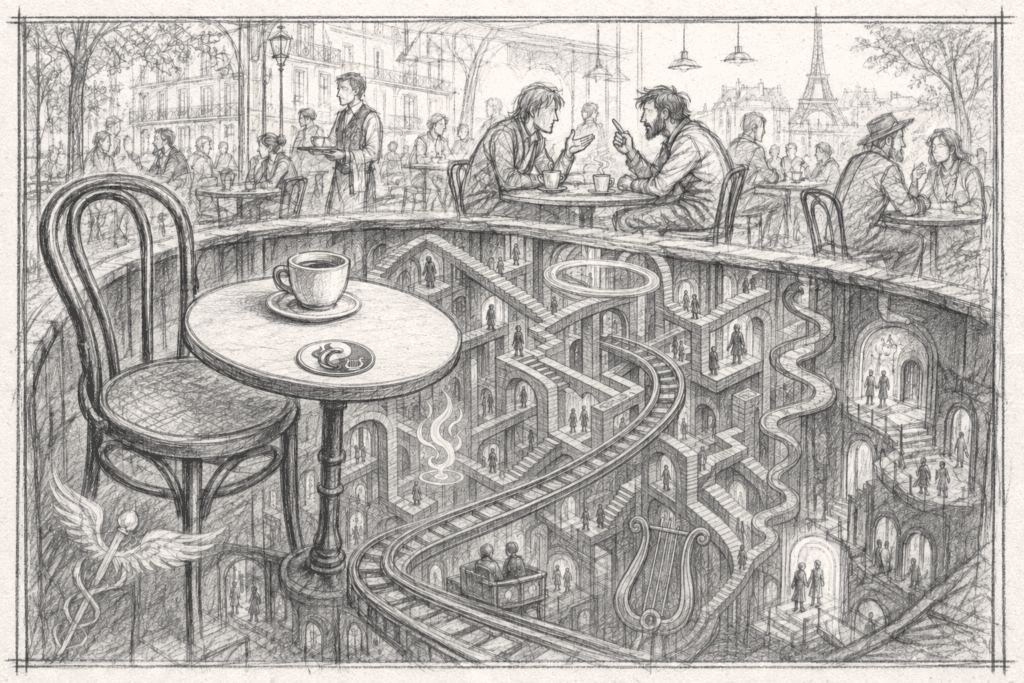 Empty Paris café chair above impossible underground paths, inviting readers into The Nondual Café.