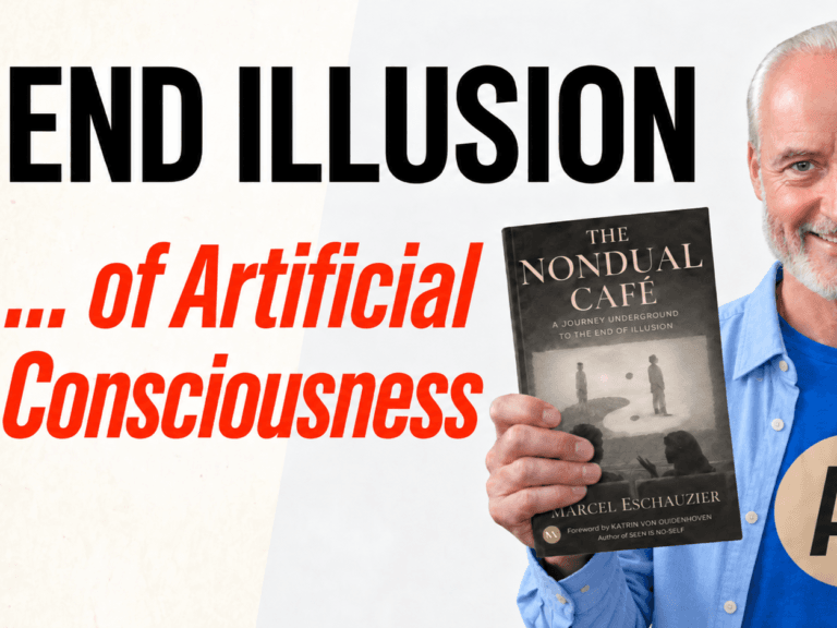 Marcel Eschauzier holding the nondual café book discussing the mythical illusion of artificial consciousness