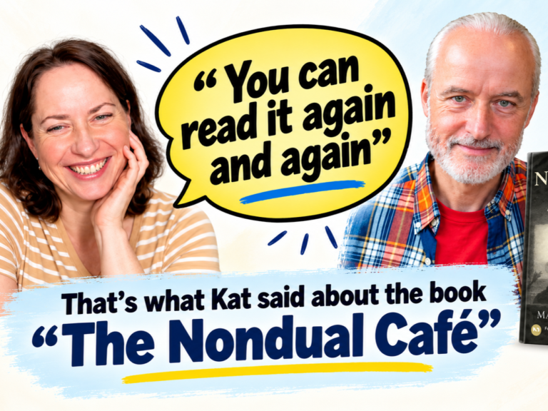 Katrijn Van Oudheusden and author Marcel Eschauzier with The Nondual Café book cover and the quote “You can read it again and again.”